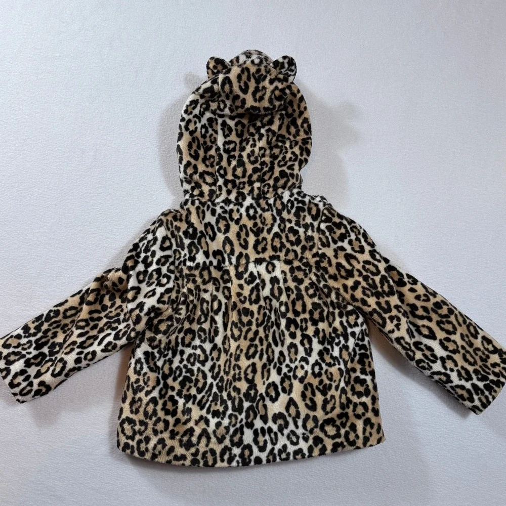 Gymboree Faux Fur Jacket Girls 2T-3T Leopard Print‎ Hooded Ears Pink Lining Coat